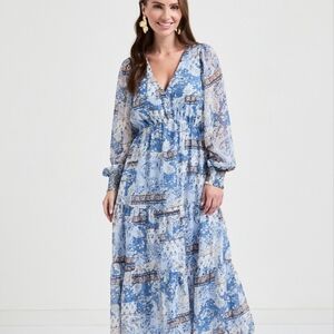 Ricky's Long Sleeve Maxi Boho Dress in Blue Paisley